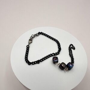 Vintage Y2K Iridescent Purple Glass Cube Black Chain Slave Bracelet Goth Jewelry